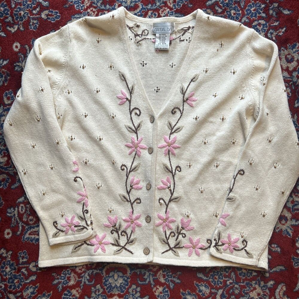 Mandal Bay Women's Cardigan Knit Crochet Flowers Wooden Button Garden Sz M
